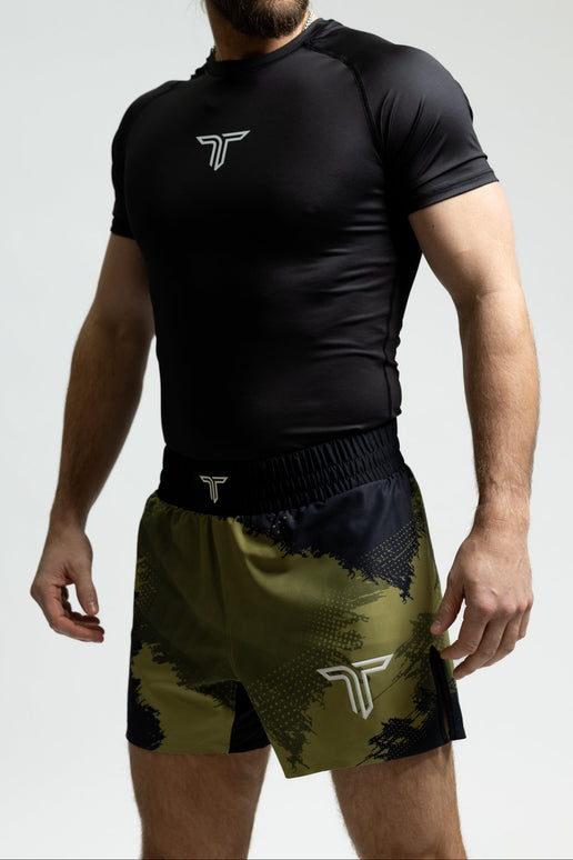 Military Green Kaos Camo Pro Fight Kit (5” Pro Fight Short & Rashguard Bundle)