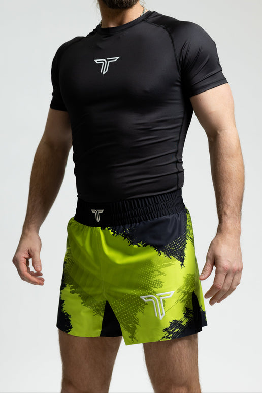 Acid Green Kaos Camo Pro Fight Kit (5” Pro Fight Short & Rashguard Bundle)